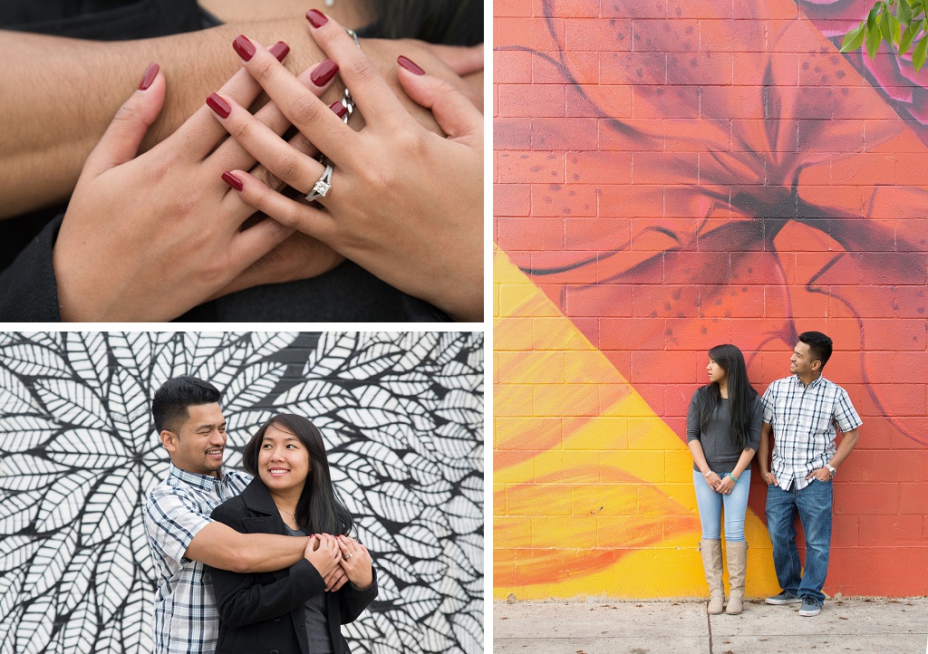 Black and white mural in RiNo Denver, colorful engagement photos
