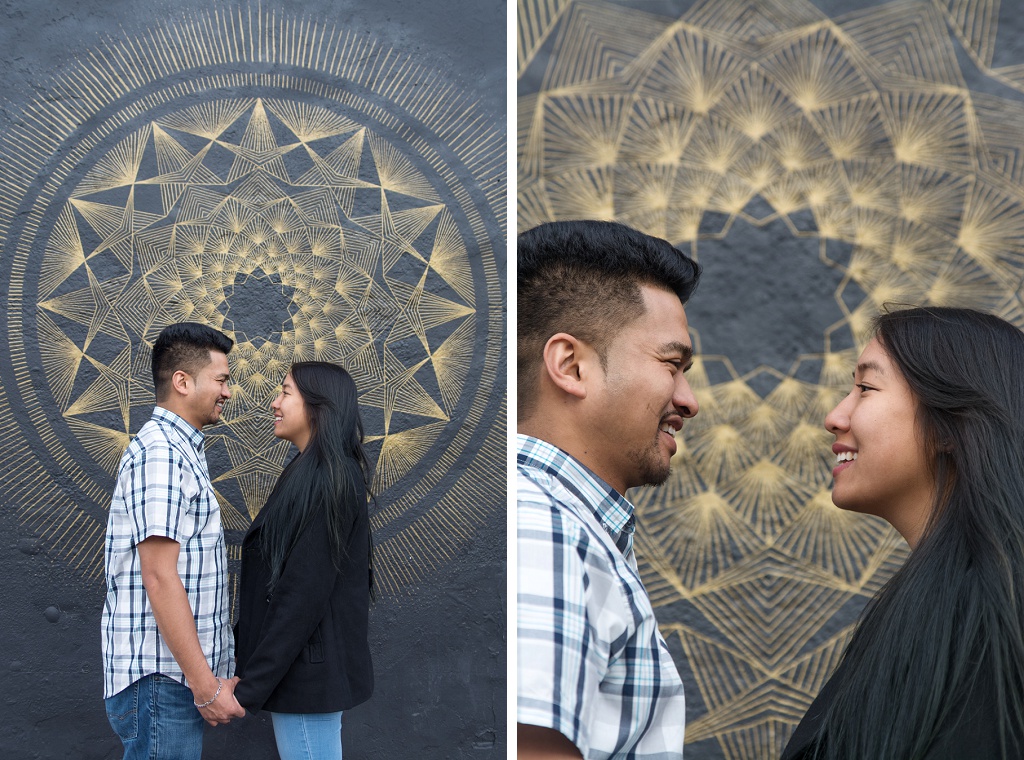 Denver's RiNo Arts District engagement session, couple in front of golden mandala