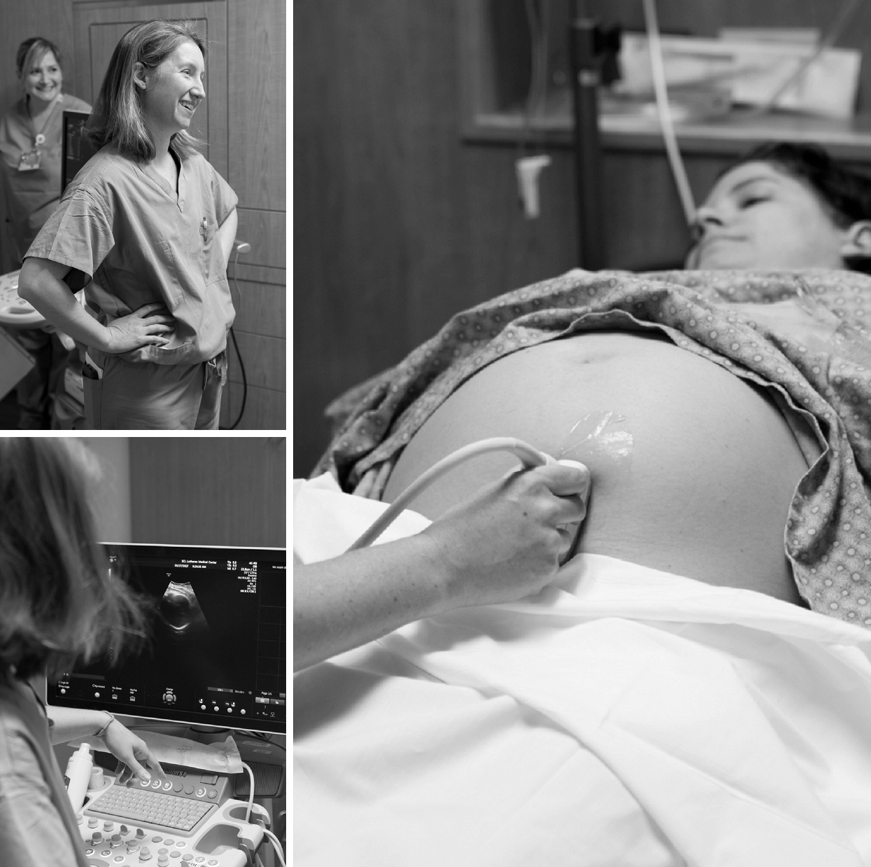 Woman getting an ultrasound, black and white birth photography