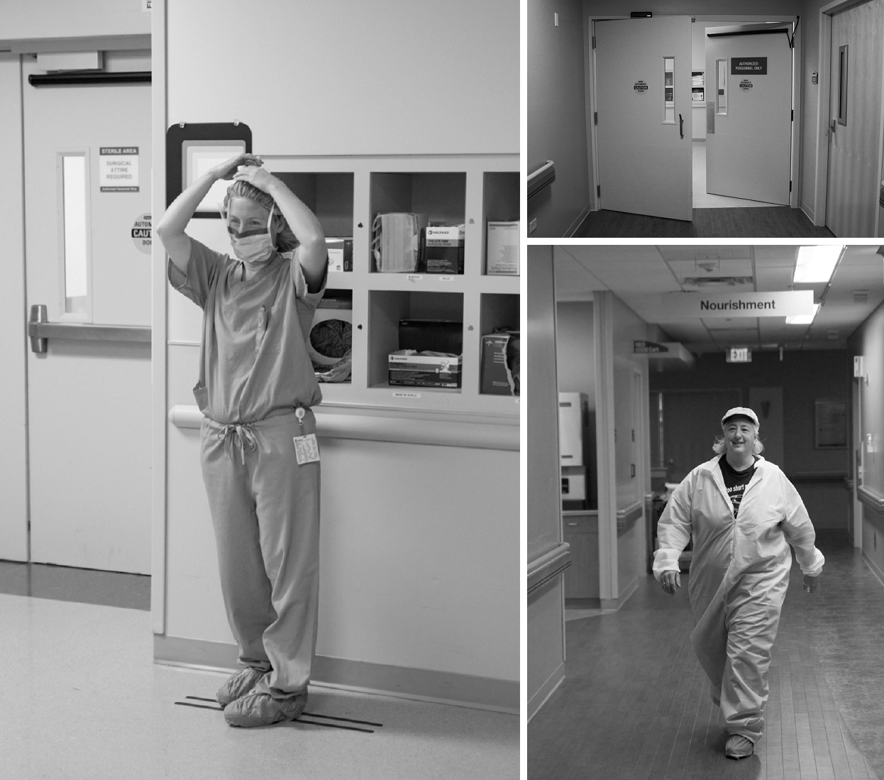 Doctor dressing for surgery, coming down the hall to deliver the news, birth photography