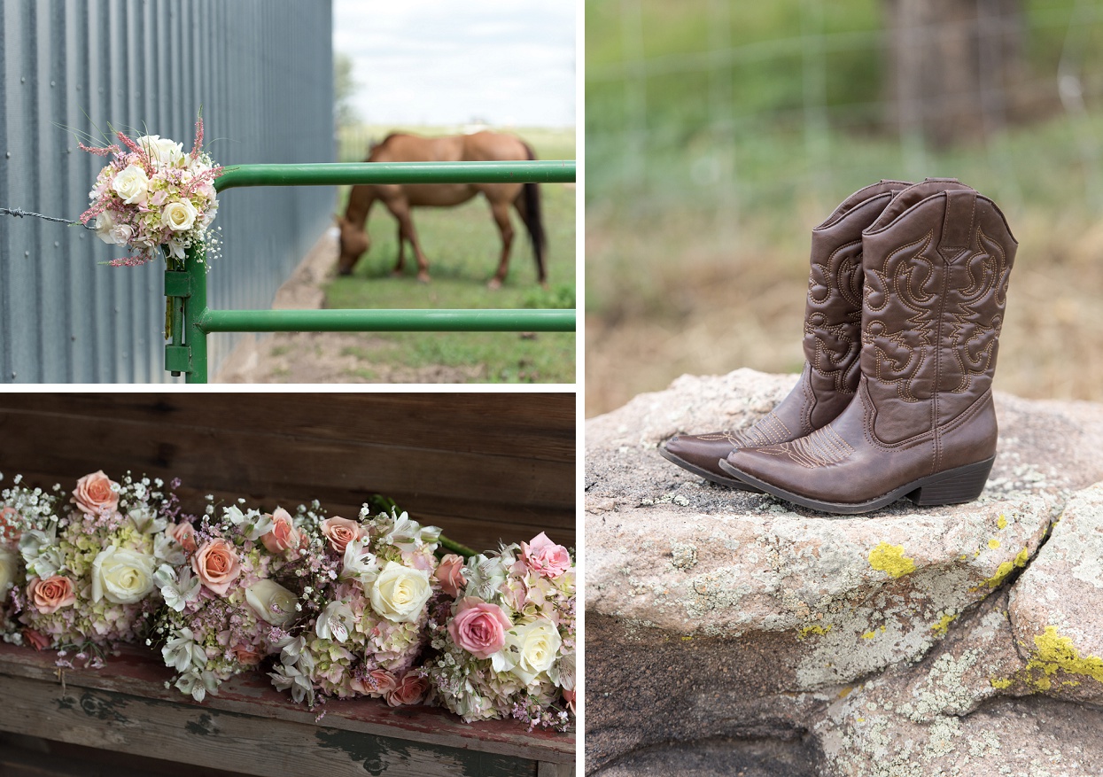 Country wedding inspiration, bride's cowboy boots, bouquet with horse
