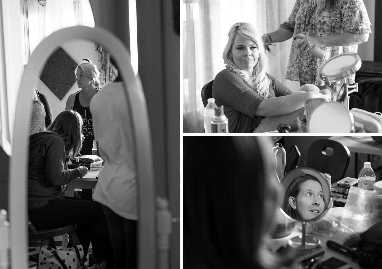 Black and white photos of bridal party getting ready for wedding, reflections in mirror