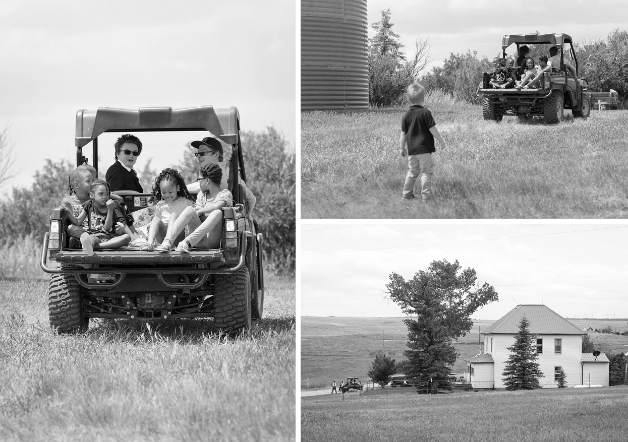 Kids driving around in a farm vehicle, fun on the farm wedding photos