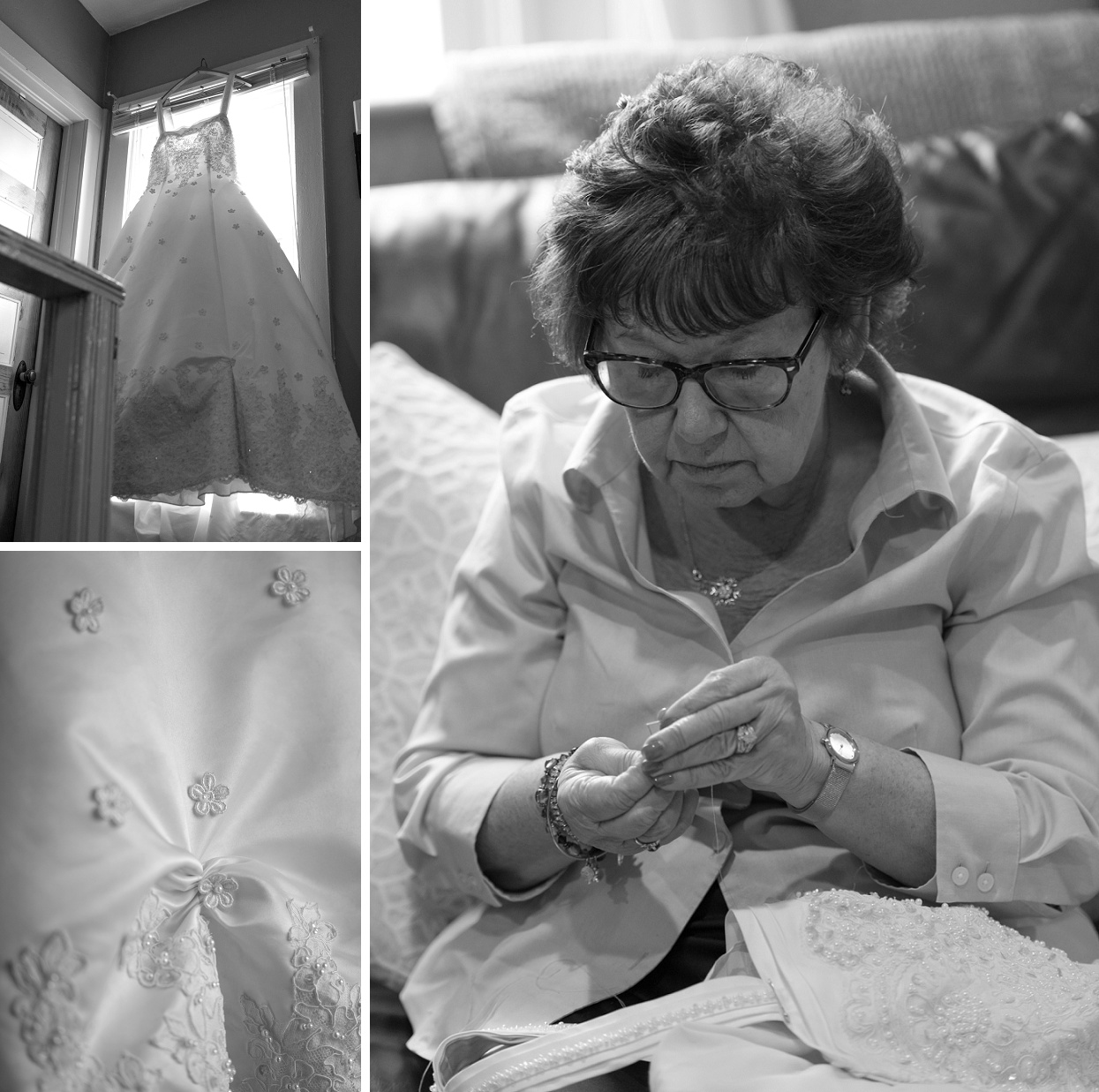 Sewing bride's dress, last minute alterations, mom threading a needle, black and white shot of wedding dress hanging in window
