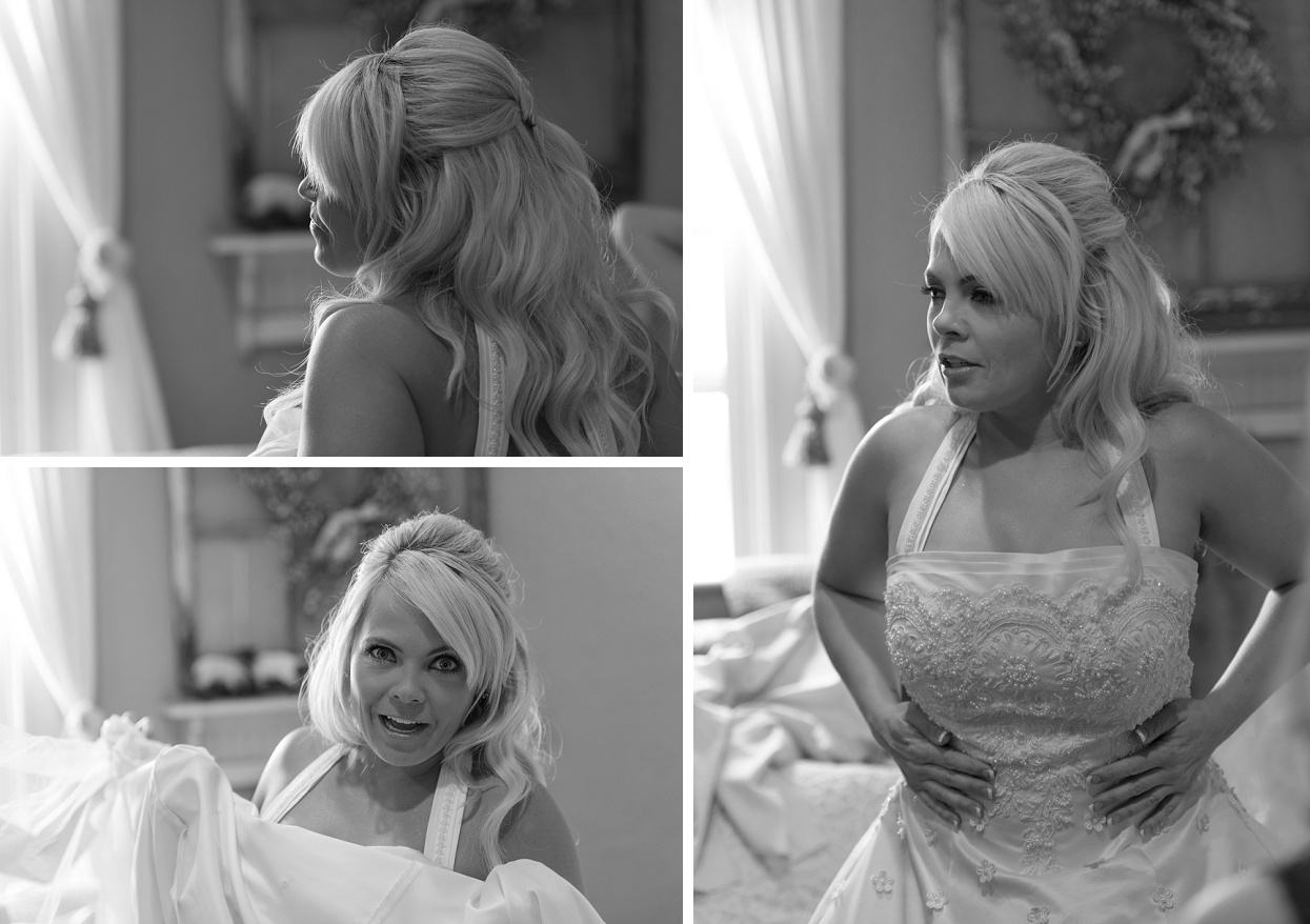 Black and white shots of bride with window light streaming behind