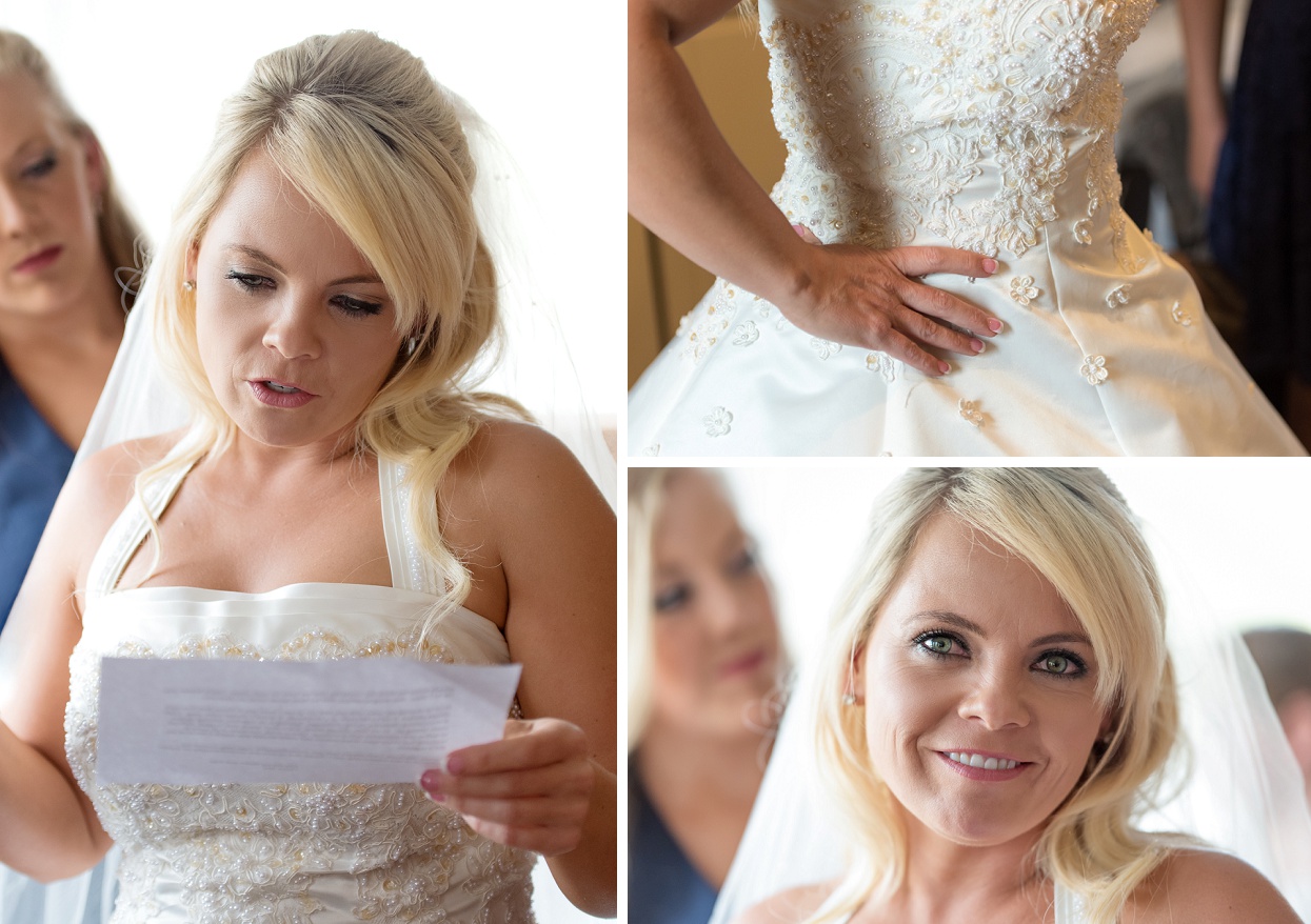Blond bride reading letter from groom, crying bride
