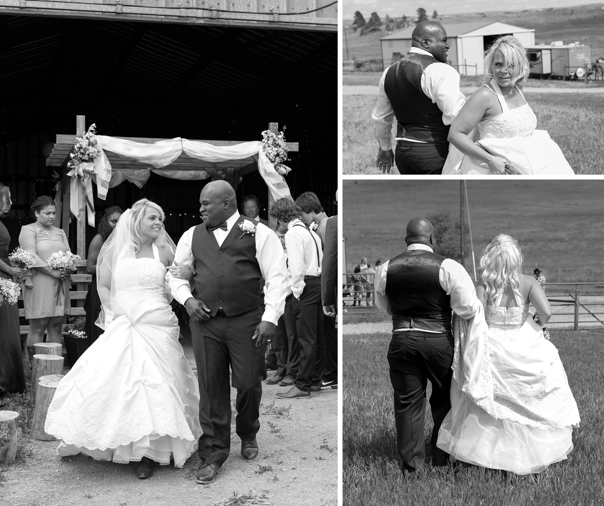 Bride and groom walking away from altar, black and white recessional pictures