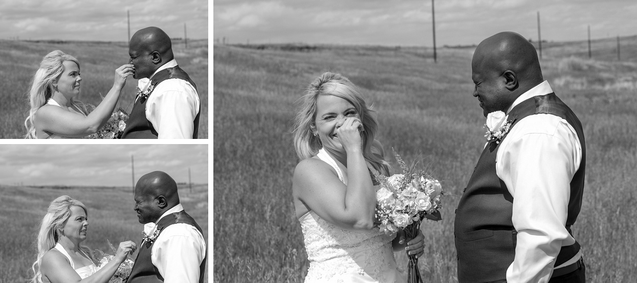Silly candid moments of bride and groom, bride plucks nose hair from groom