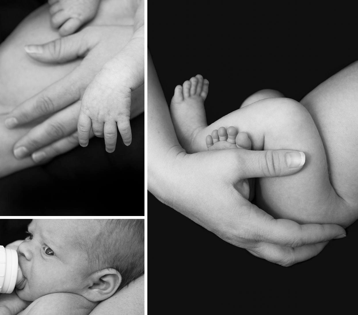 Denver newborn photography, black and white, baby holding mom's hand