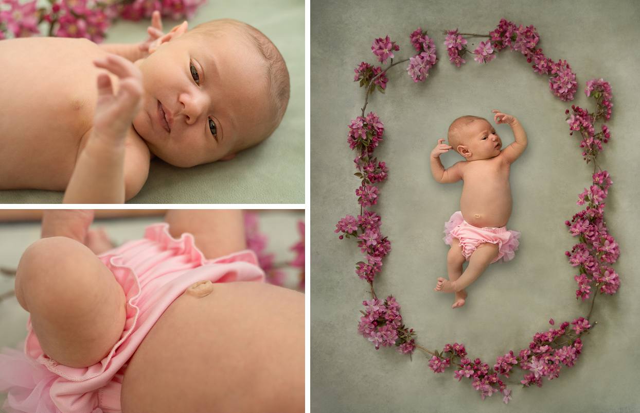 Baby in the center of a flower wreath, baby with pink flowering branches