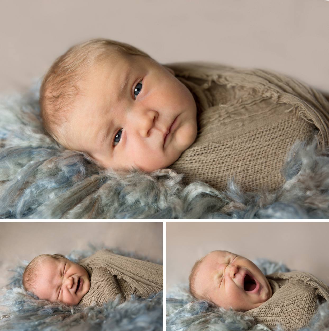 Newborn wrapped in beige wrap with blue curly layer