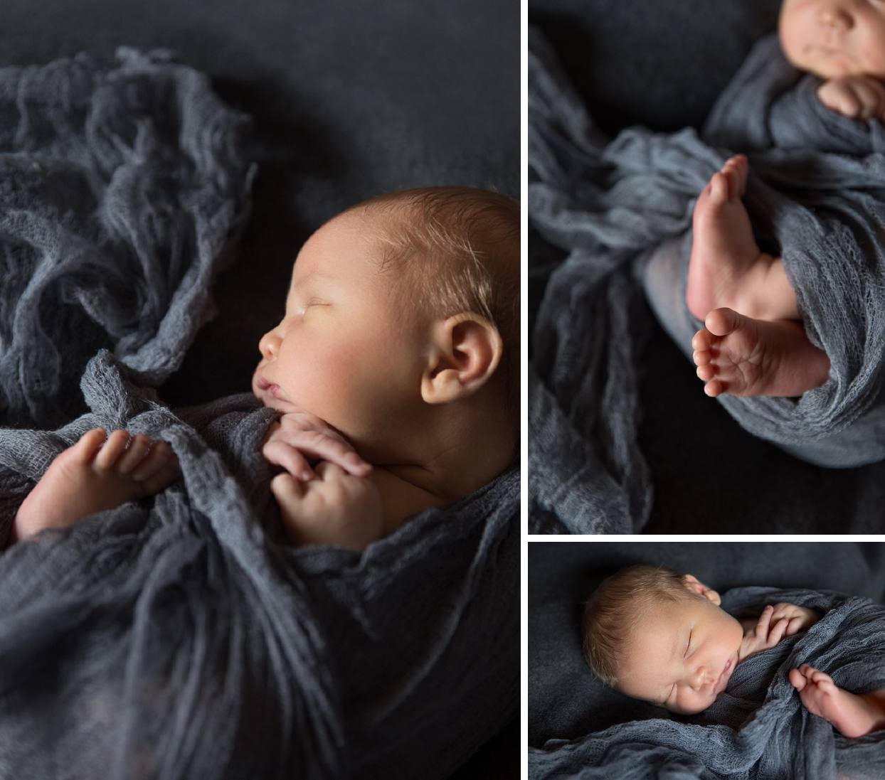 Grey on grey newborn photography with a dark moody edit