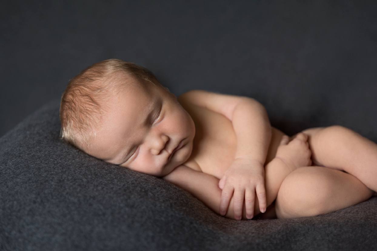 Nude newborn photography on a grey background