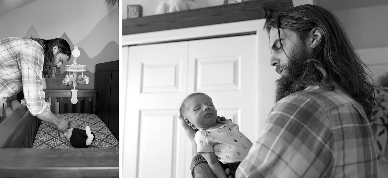 Black and white shot of dad holding baby