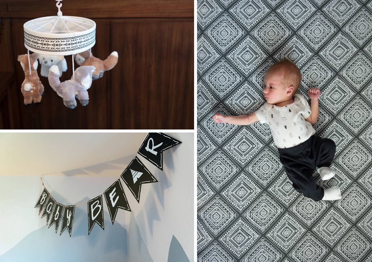 Lifestyle newborn session, aerial view of baby in crib, nursery details 