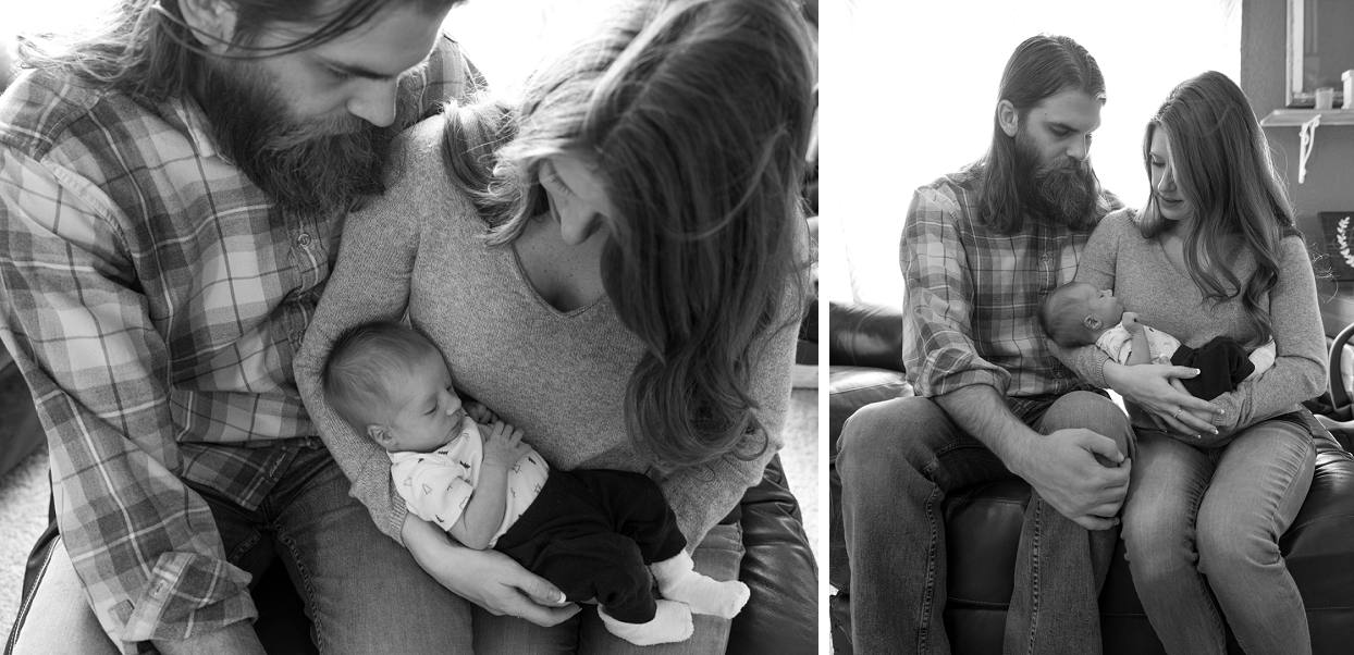 Black and white photos of parents holding a newborn