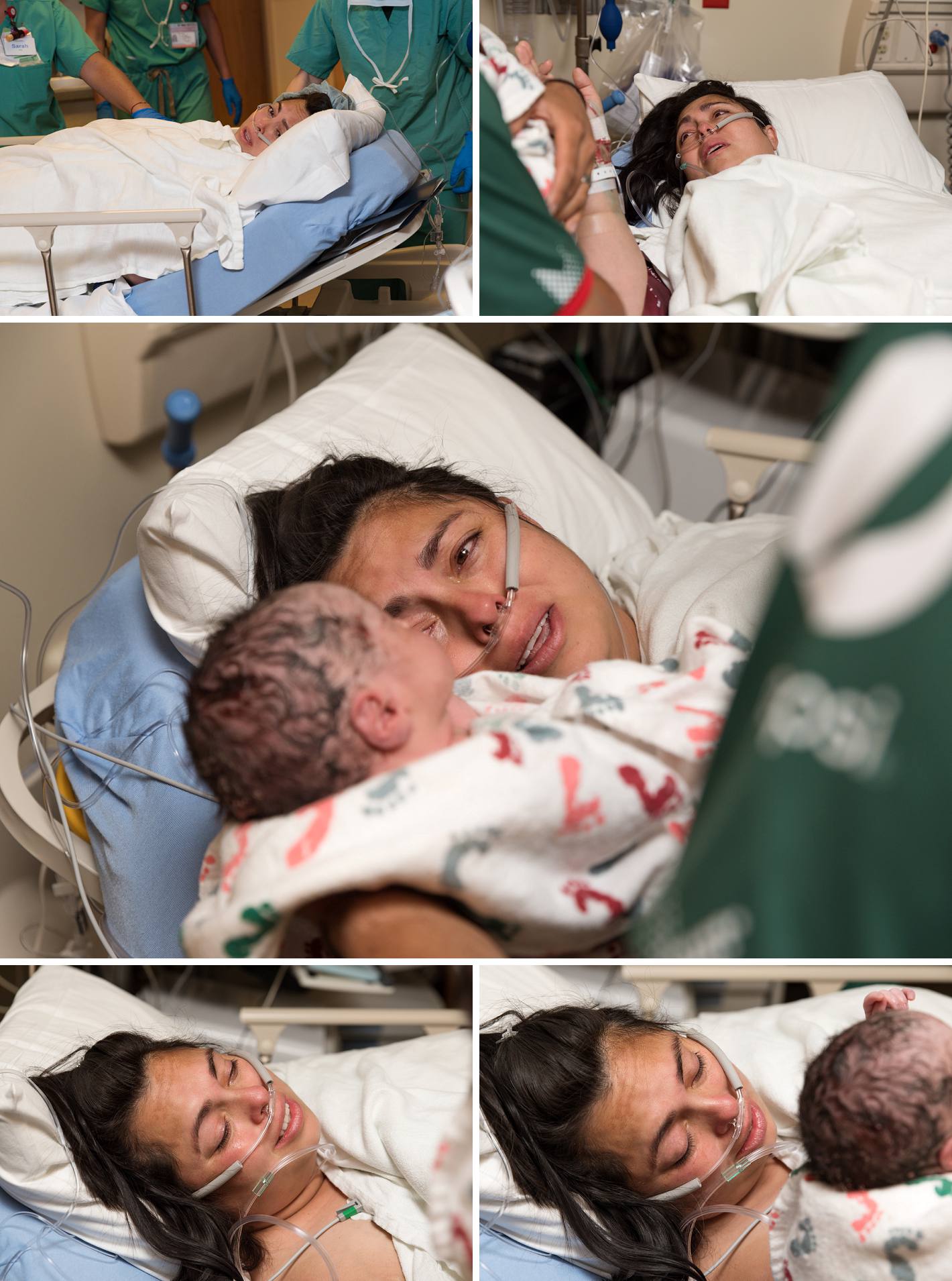 Cesarean birth photos, mom meeting baby after surgery