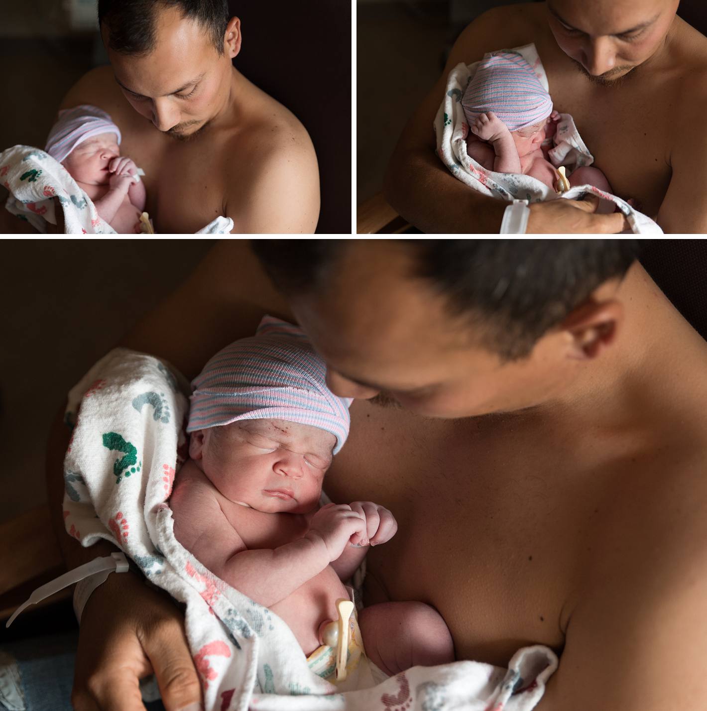 Dad skin to skin time at the hospital, shirtless father holding newborn