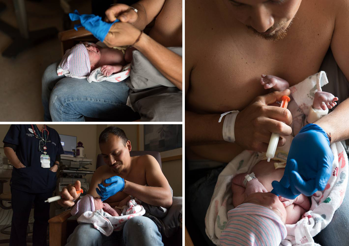 Feeding newborn baby with syringe and glove