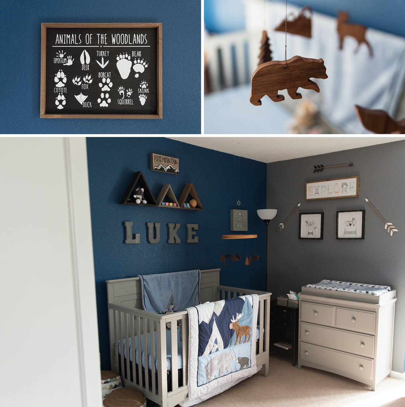 Cobalt blue nursery walls, boy wilderness theme nursery