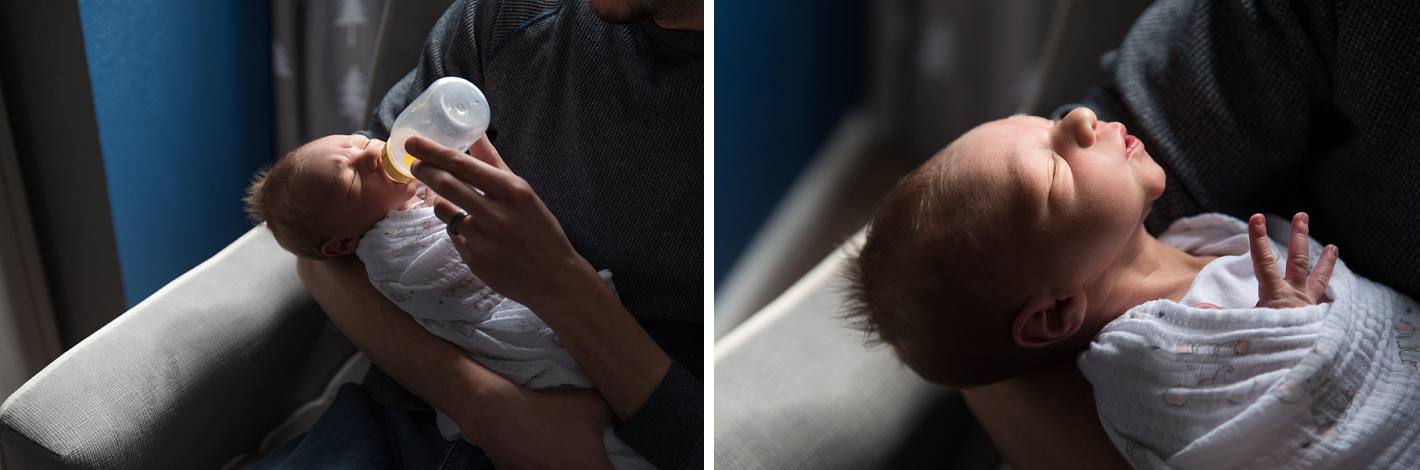 Lifestyle photos of dad and baby, newborn photography in home, dark and moody