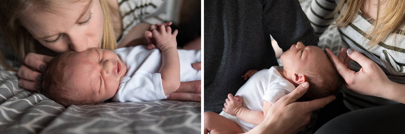 Lifestyle photography, parents hands holding newborn, mom kissing baby