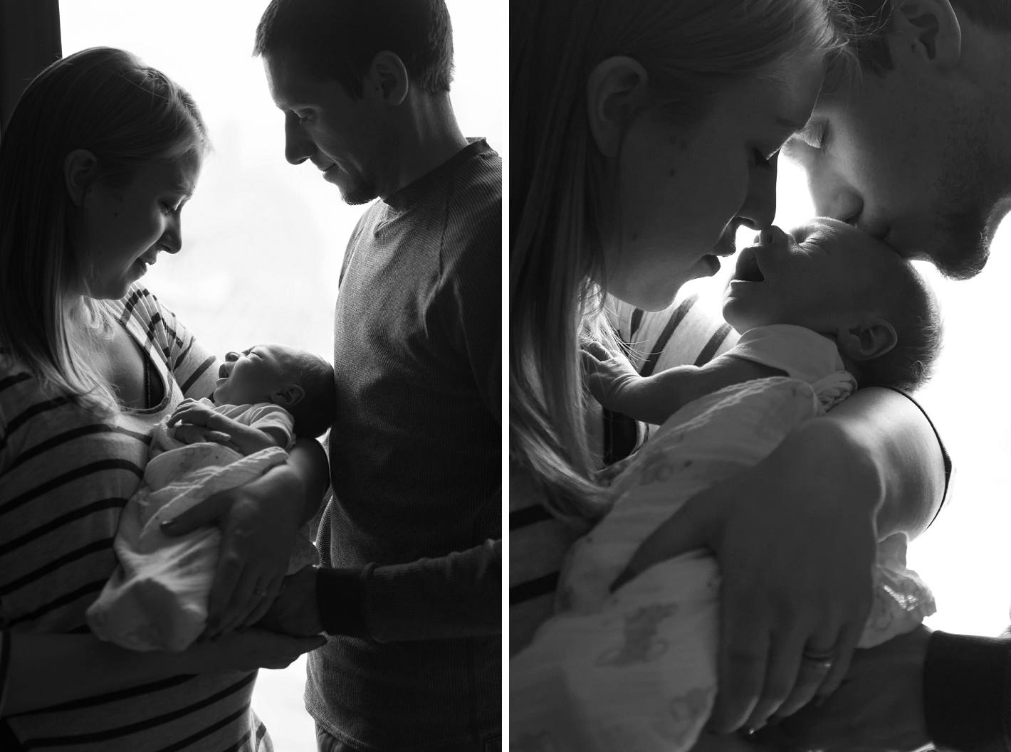 Black and white newborn photos in front of a window