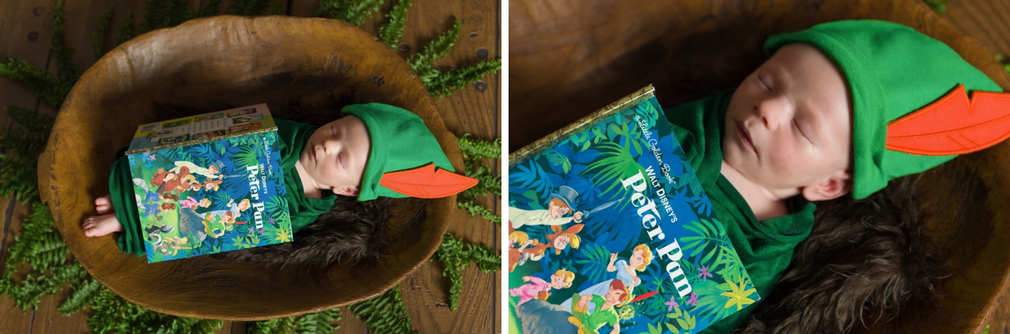 Peter Pan themed newborn photos with little Golden Book