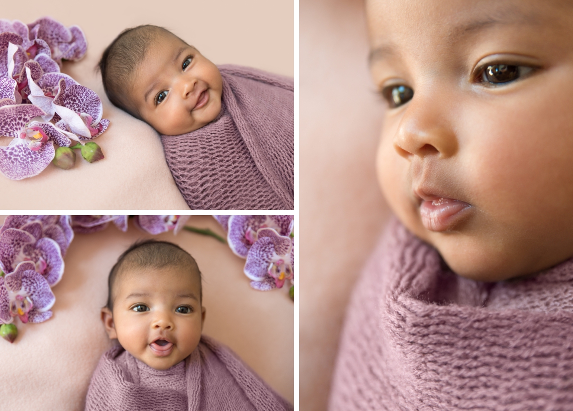 Newborn photography in shades of lilac and tan with flowers