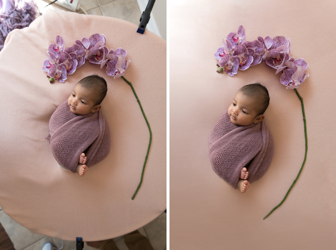 Before and after newborn photos on a bean bag