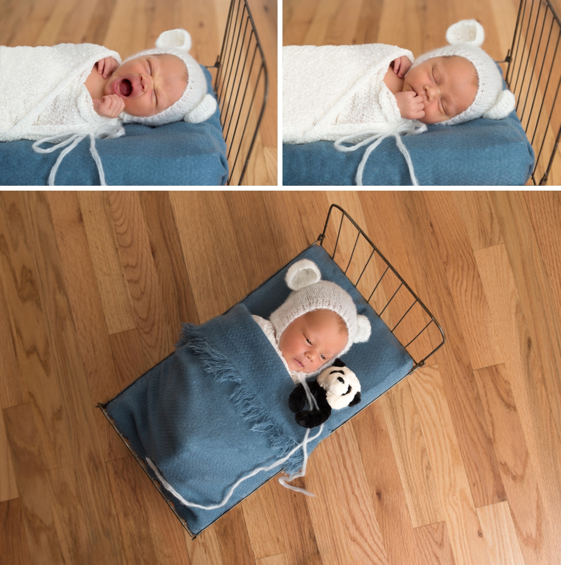 TFJ Designs wire newborn bed prop, Newborn with a white bear hat in a small bed