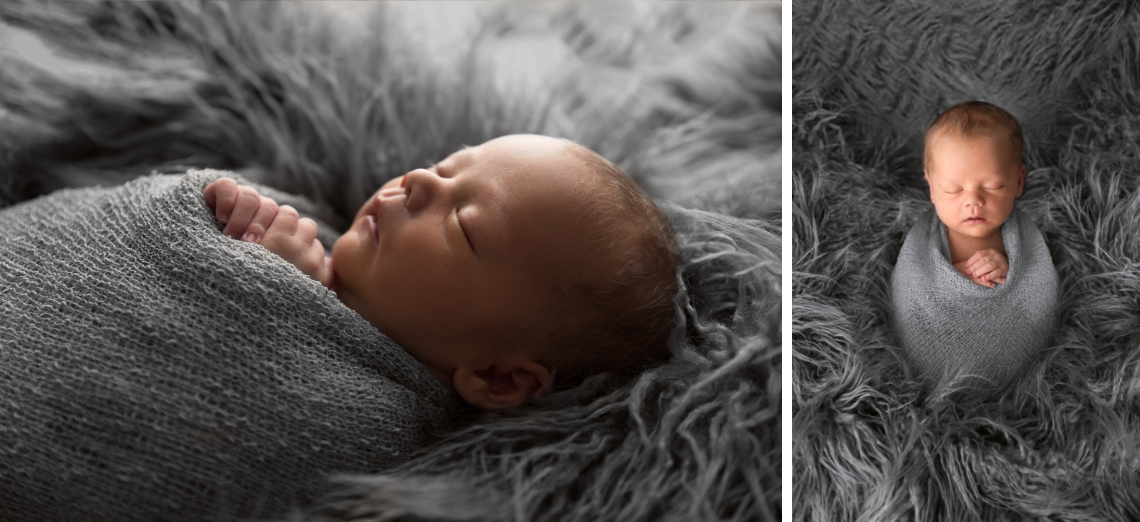 Backlit newborn photography on grey flokati