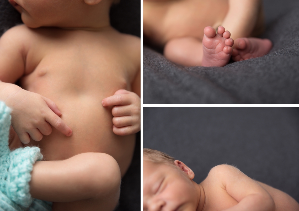 Newborn baby photography details of toes, fingers, and shoulder fuzz