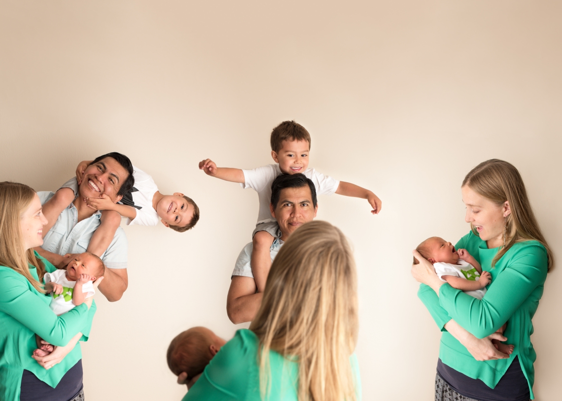 Silly family photo collage, indoor family photos with a tan backdrop