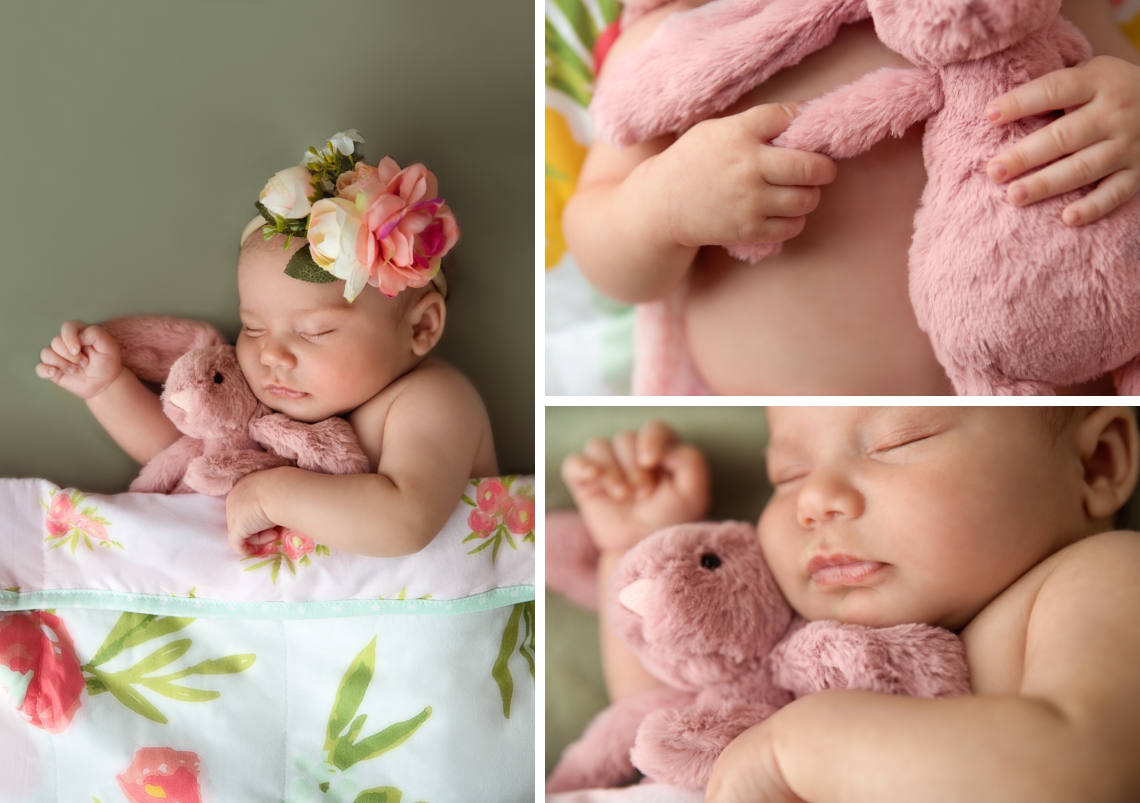 Newborn photography baby girl with floral headband and pink bunny prop