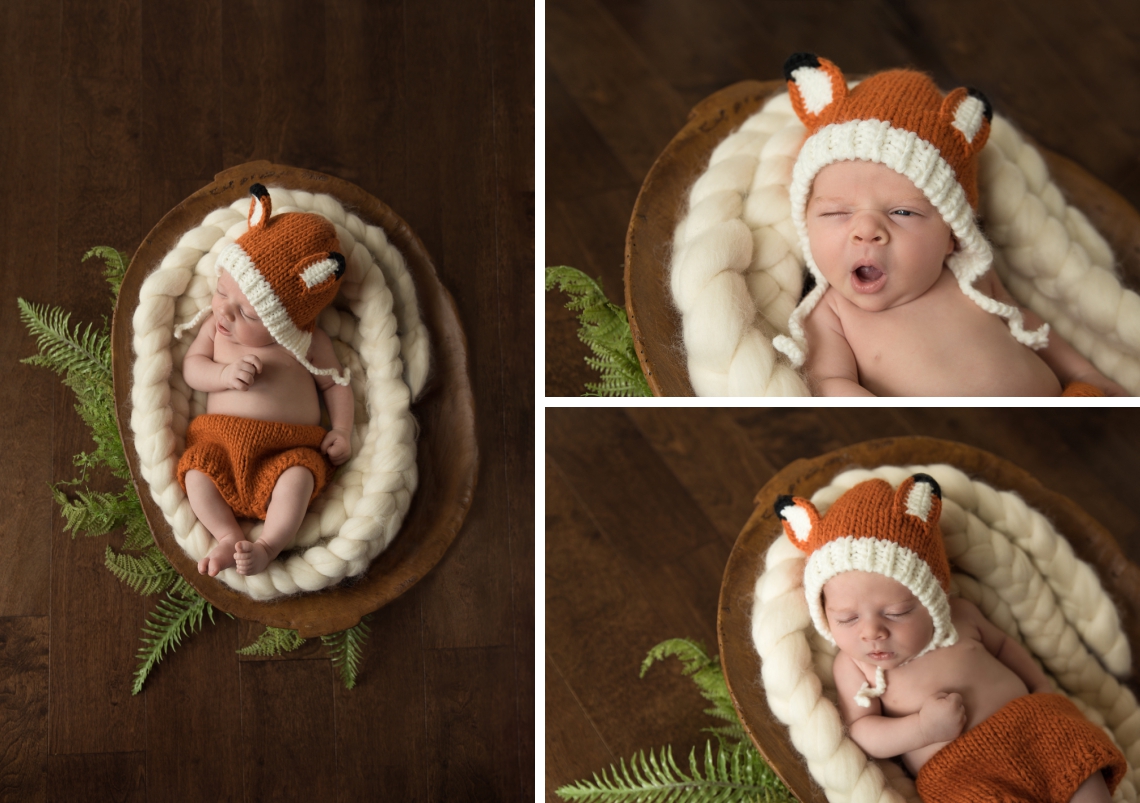 Newborn photography with fox outfit, forest theme baby photography