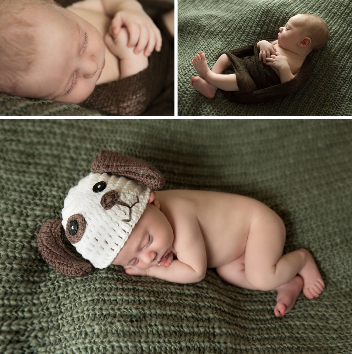 Newborn baby boy photography with puppy hat