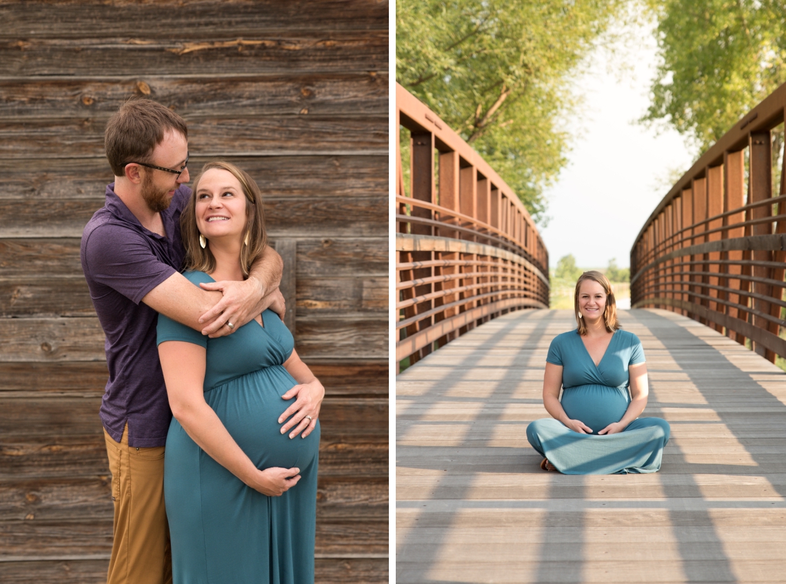Maternity session with mom in a teal gown on a bridge