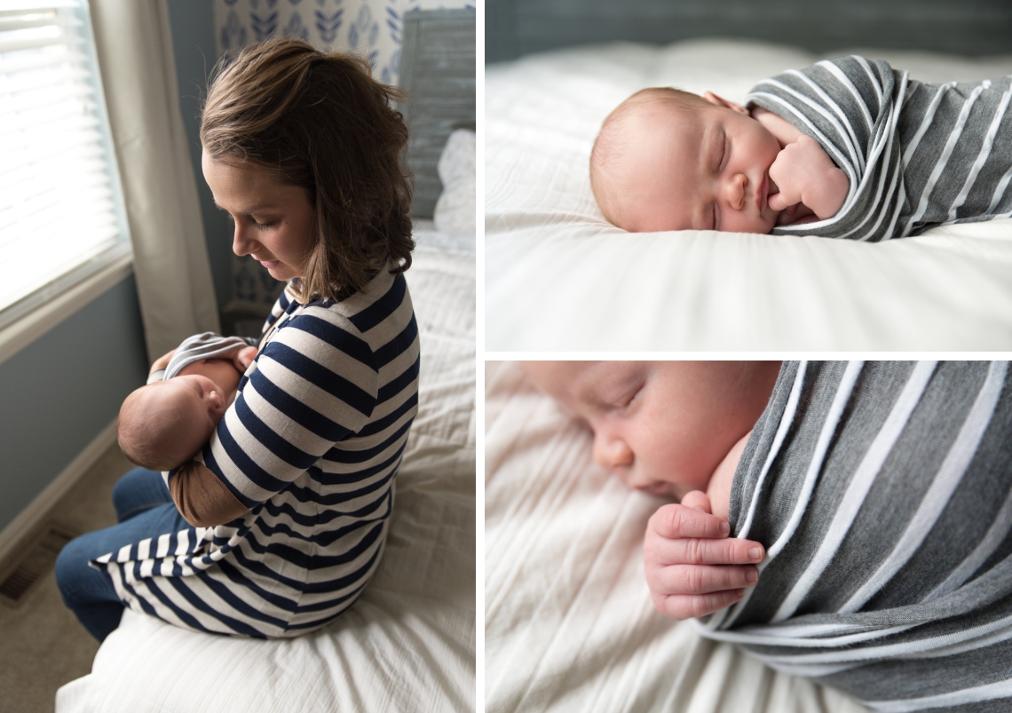Lifestyle newborn photos on a white blanket