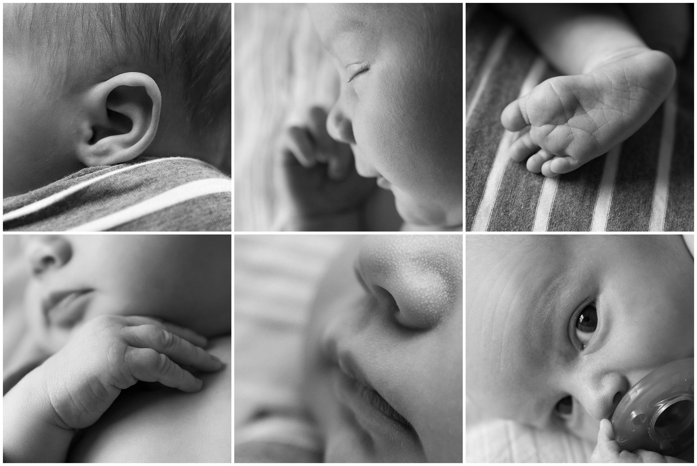 Black and white collage of newborn baby detail photos