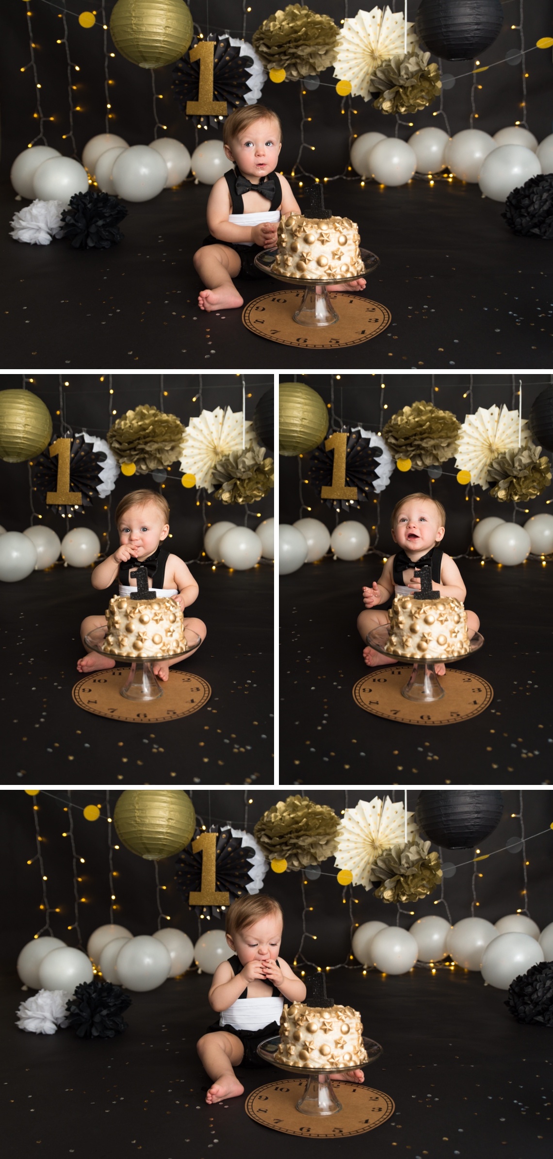 Gold and black New Years cake smash photography