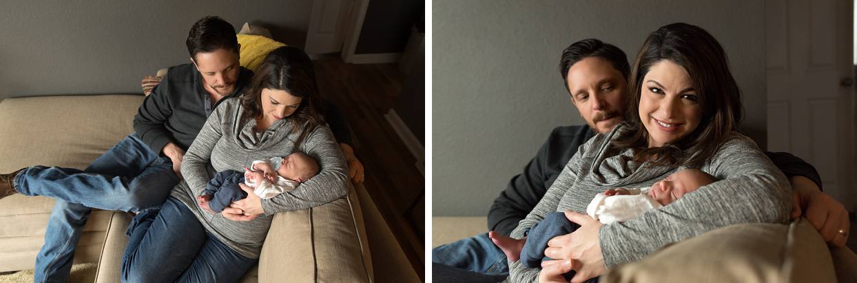 In home newborn photos, family on couch with baby