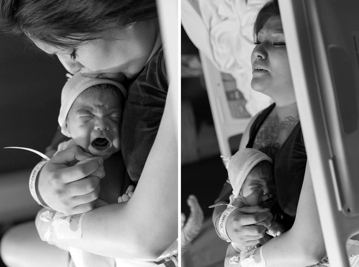Mom kissing newborn on the head, mom's relief after delivery
