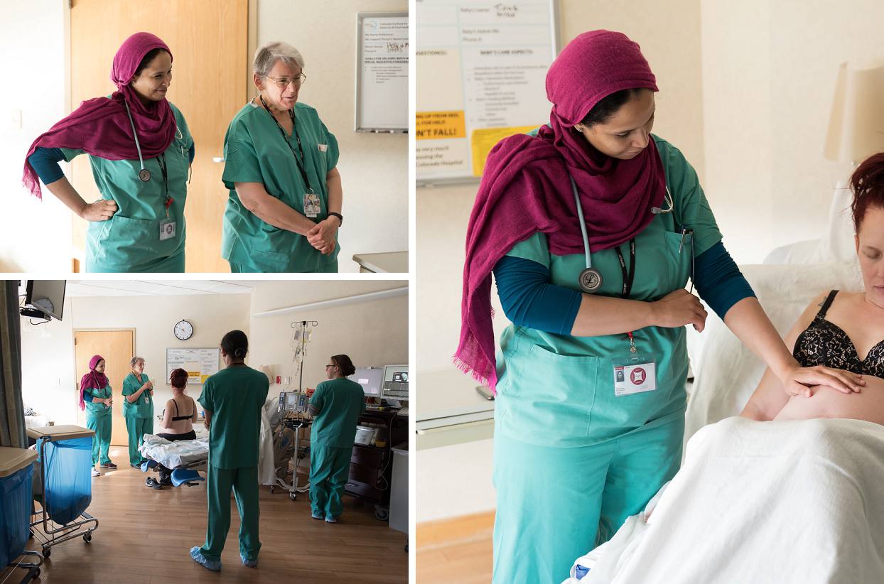 Midwives visiting laboring mother at University of Colorado Hospital