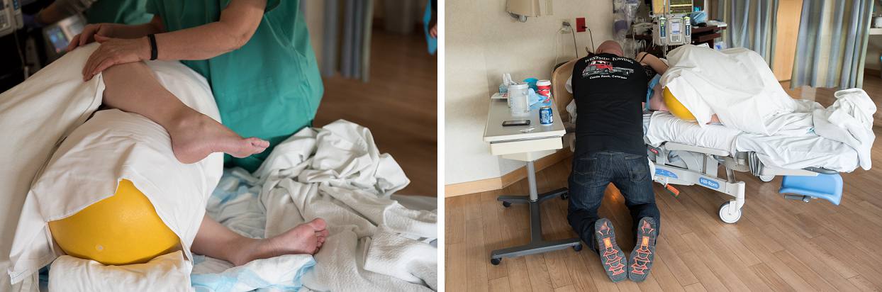 Husband kneeling next to bed, Denver hospital birth photography