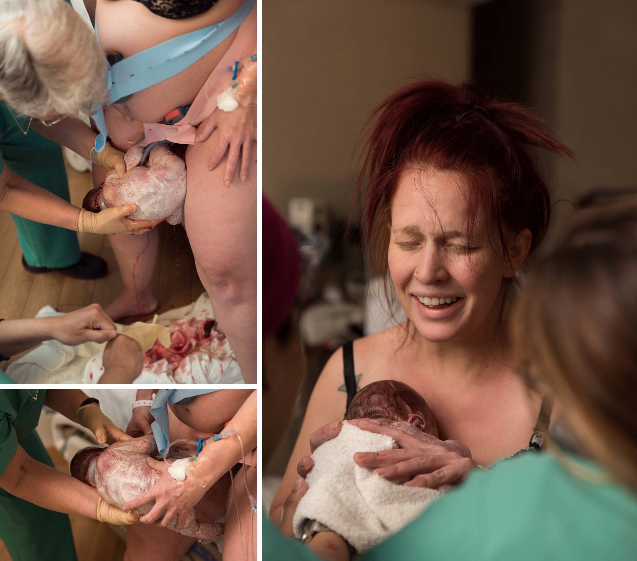 Standing birth, bedside delivery with mom catching baby