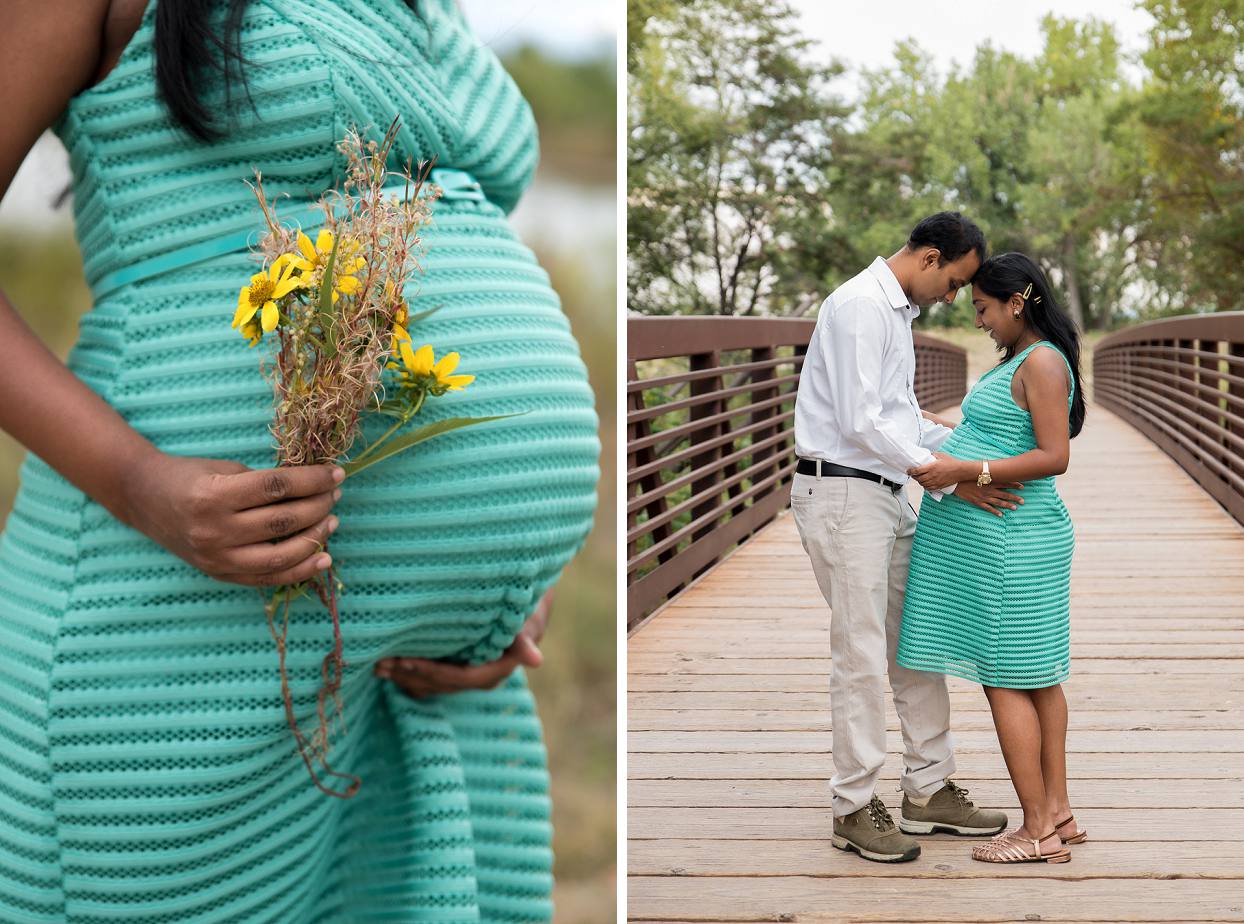 maternity photos on a bridge at Golden Ponds, pregnant woman holding a flower