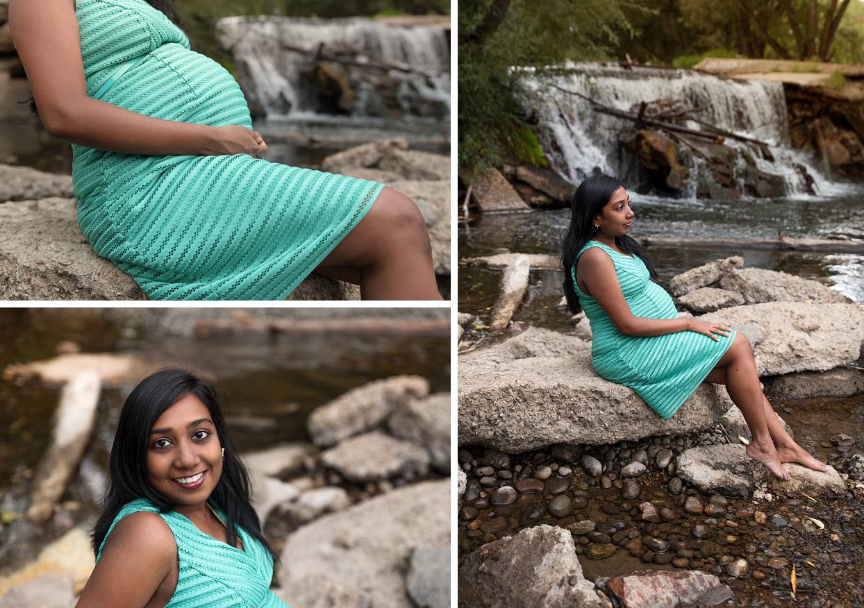 Maternity session at Golden Ponds, pregnant woman next to a waterfall, Longmont maternity photography