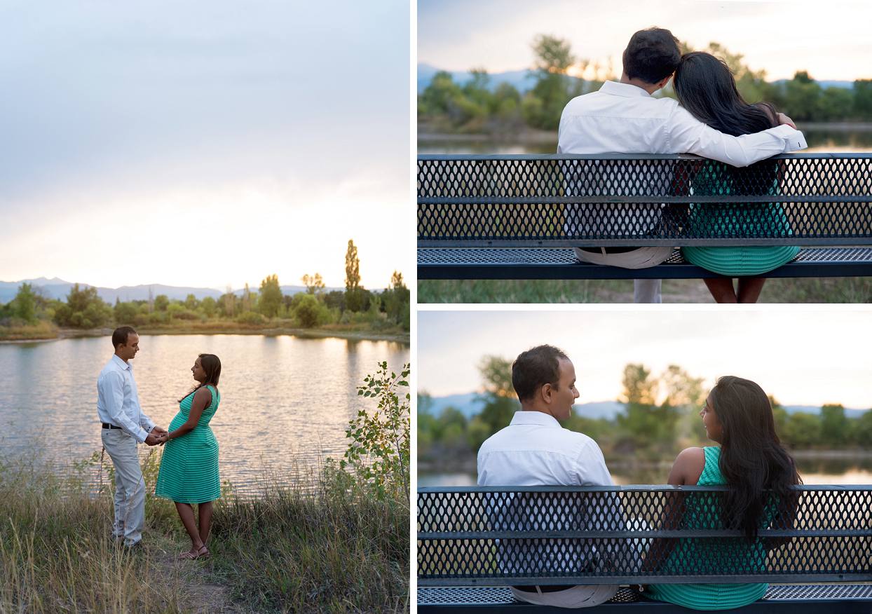 Sunset maternity photos beside a lake with a mountain view, couple sitting on a park bench at sunset