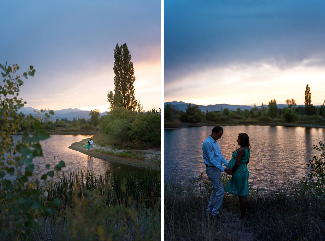 Maternity photos of a couple at sunset walking by a lake, Golden Ponds Longmont maternity photographer